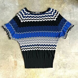 Carducci Women's Zigzag Stripe Short Sleeve Sweater Top Blue Black White S